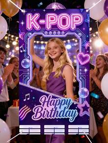 1 Pack K-POP Neon Glow Happy Birthday Photo Backdrop, Cyberpunk Style Polyester Fabric Photo Booth Banner With Ticket Frame Star Music Note Print, Reusable Washable Photography Background For K-POP Themed Birthday Party, Concert Viewing Party, Teen Birthday Celebration, Spring Summer Photo Shoot & Event Decor - Happy Birthday K-pop - View 6