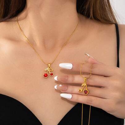1 chiếc mặt dây chuyền hình quả anh đào mạ vàng đính đá CZ đỏ và kim cương, dây chuyền kiểu rắn, mặt dây chuyền hình quả anh đào dễ thương kiểu Y2K dành cho nữ, trang sức cho ngày Valentine, tiệc tùng, sinh nhật.