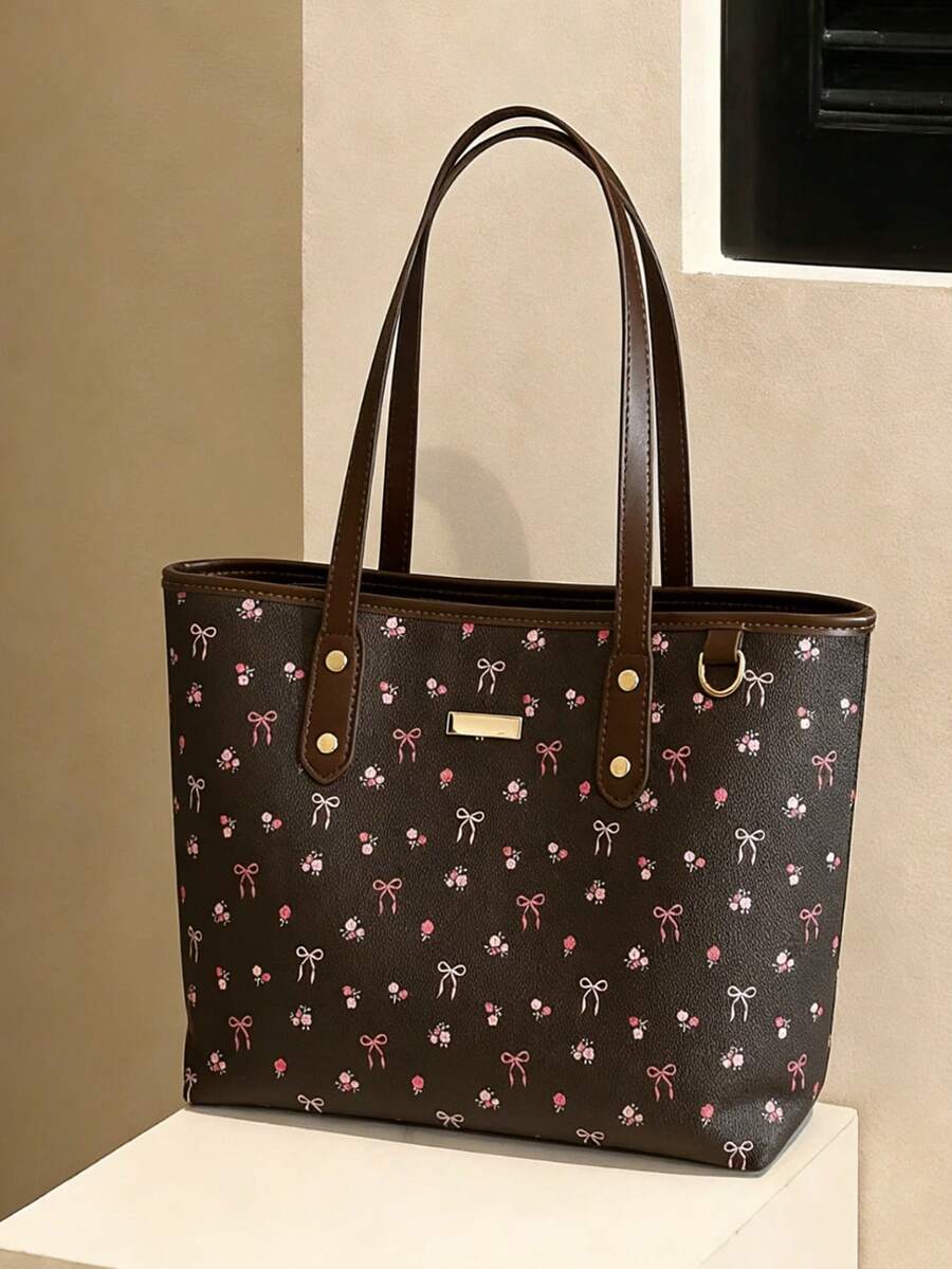 New Fashion Classic Versatile PU Solid Color Large Capacity Shoulder Tote Bag, Sweet Holiday Floral Pattern Decor Design, Ladies Elegant Wallet, Business Commuter Bag, Suitable For Travel, Shopping, Commuting, Outing And Back To School Season ,Vacation Essentials, Vacation