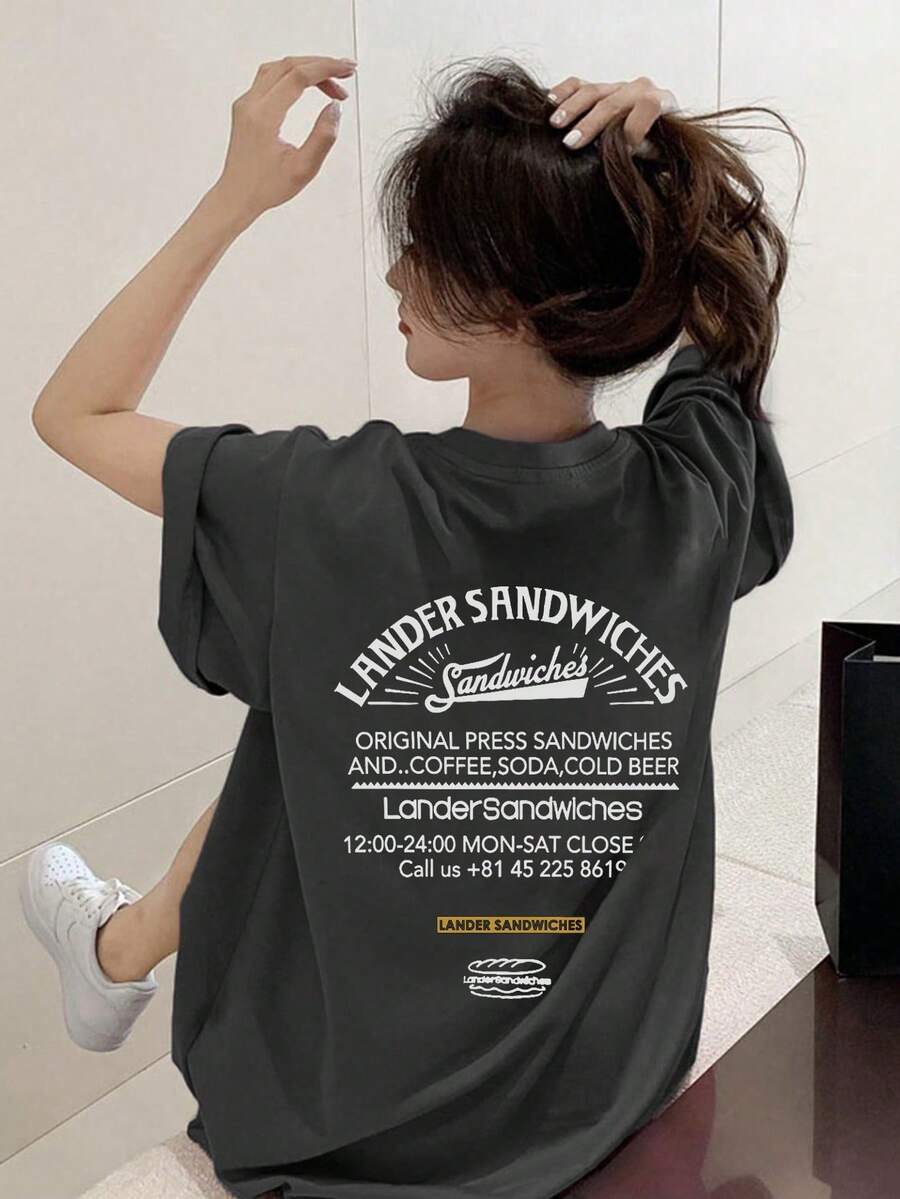 Women's Casual Round Neck Letter & Cartoon Food Print Loose Fit Short Sleeve T-Shirt, Versatile For Spring/Summer, Y2K Aesthetic - Dark Grey - View 1