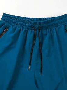 Tween Boys Outdoor Sports Shorts, Moisture-Wicking, Breathable, Elastic Waist, Zipper Pockets, Suitable For Daily Wear - Teal Blue - View 3