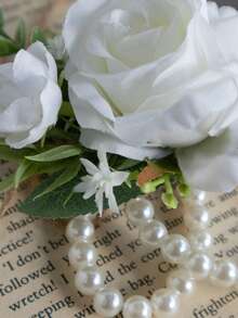 Set di polsini con fiori di rosa per matrimoni, corsage da polso con catena di perle per spose, damigelle, balli di fine anno, cerimonie di premiazione, feste di anniversario, cene formali, feste in spiaggia e accessori fotografici, adatto per l'estate - Multicolore - Visualizzare 5