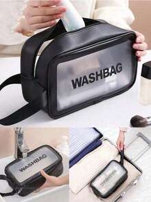 Large Capacity PU Leather Cosmetic Bag, Portable Waterproof Travel Toiletry Bag, Transparent Frosted Makeup Pouch - Black - View 3