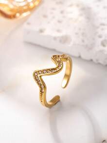 1/2件套时尚优雅不锈钢金色开口戒指套装，饰以红色叶子和波浪形水钻，奢华小众风格，适合女性日常、约会、派对、节日、送礼等场合。 - 金色 - 查看 3