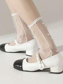 1双黑白薄款透明玻璃丝网浪漫中筒袜，适合春夏穿着 - 彩色 - 查看 3