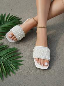 2026 New Flat Slide Sandals/Solid Color, Flat Design, Shiny Vamp, Exquisite Rhinestone Decor, Slip-On Style, Easy To Clean, Elegant & Refined, Fashion Versatile, Suitable For Daily Wear, Shopping, Dating, Vacation, Travel - Beige - View 8