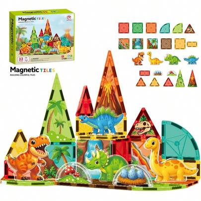 1 Set Kids Boys Girls Magnetic Building Blocks 4D Dinosaur Park Series, Stimulate Intelligence, DIY Magnetic Tiles Can Be Assembled Into Various Shapes, Develop Imagination & Creativity, Early Education Toy, 4 Dinosaurs, Large Size 7.5cm