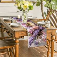 1pc Tablecloth With Light Purple Bouquet Pattern On Teal And White Background, Suitable For High-Quality Restaurant Party Decorations, Can Be Used For Tables, Chairs, Kitchens, Dining - 13x35.4/47.2/63/72/78.7 Inches - Purple - View 3