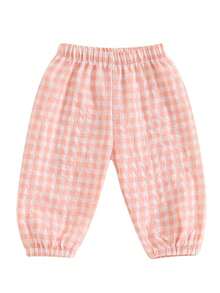 Pantalones largos a cuadros para niños y niñas pequeños con cintura elástica, adorables y casuales. - Naranja - Ver 1