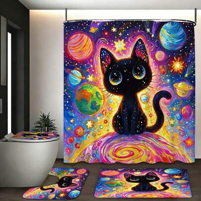 1/3/4件套星空黑猫梦幻浴室装饰套装，包含浴帘、地垫等。可选尺寸：182cm*182cm、90cm*182cm、120cm*182cm、150cm*182cm。采用耐用、防霉、防褪色的涤纶面料制成。