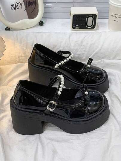 新款复古单带厚底玛丽珍鞋，时尚珍珠蝴蝶结圆头百搭休闲女鞋，大码可选，四季皆宜，英伦风