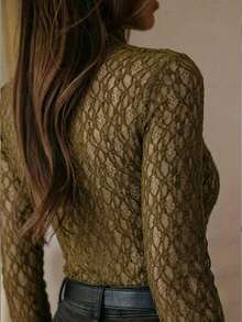 Women's Stand Collar Lace Patchwork Casual Versatile Daily Wear Top Spring - Army Green - View 5