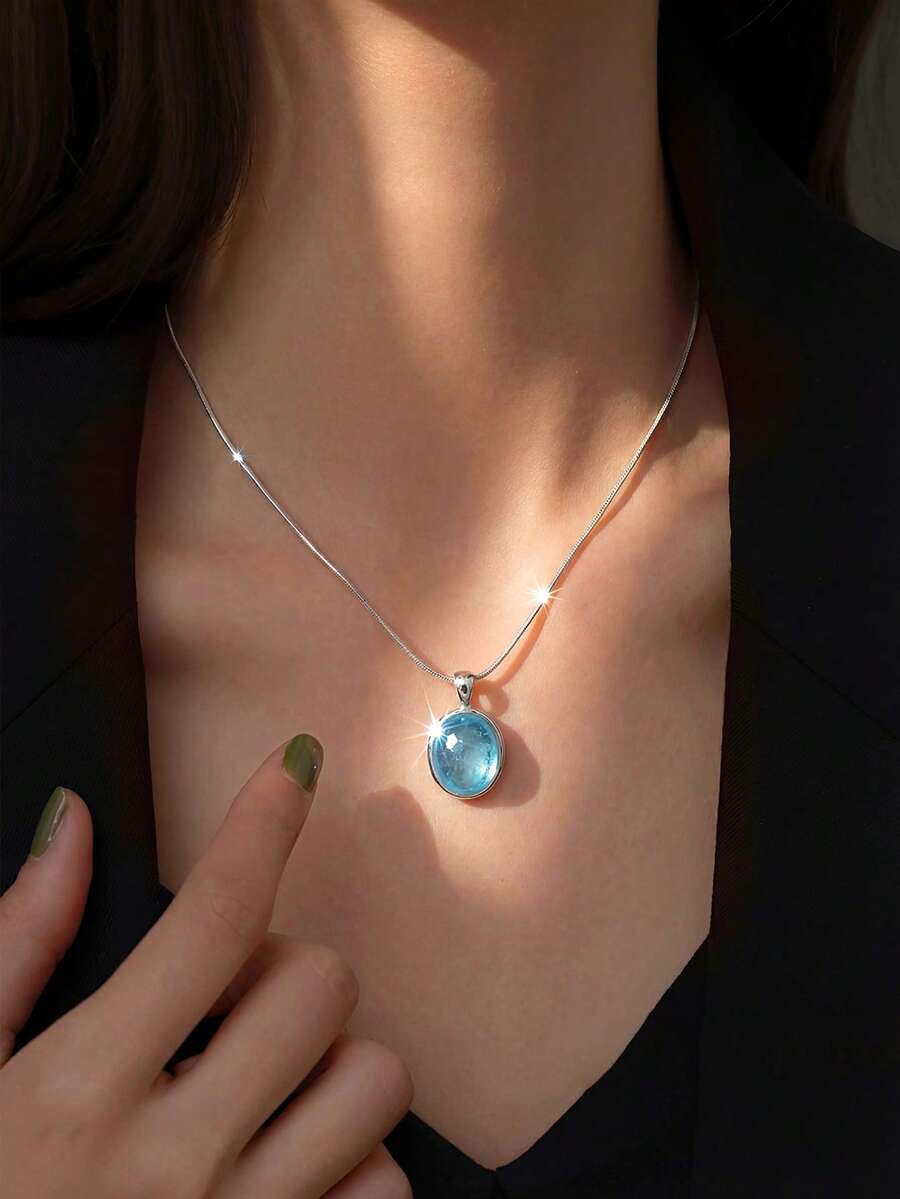 1 pieza Collar con colgante de aguamarina ovalada de plata esterlina S925, collar de lujo de moda personalizado, diseño exquisito y de alta gama, elegante y grácil, adecuado para uso diario de la mujer, regalo para cualquier ocasión - oval - Ver 1