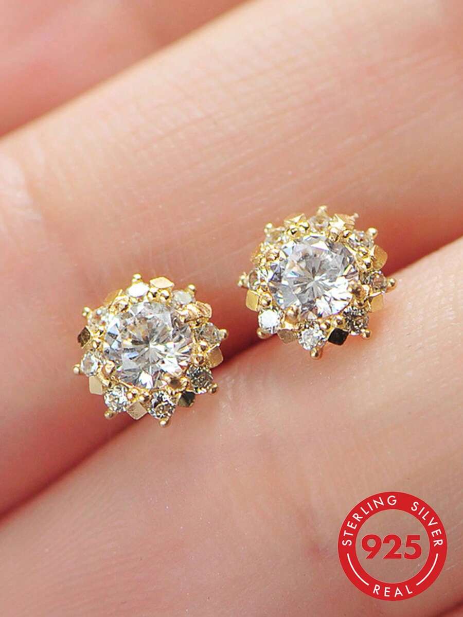 GAGAFEEL 1 Đôi bông tai bạc Sterling S925 kiểu dáng cung điện cổ điển sang trọng đính đá Zirconia hình mặt trời tròn, thích hợp đeo hàng ngày và làm quà tặng cho phụ nữ.