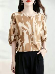 1 chiếc áo kiểu nữ thời trang, thanh lịch, tối giản, tay lửng, cổ tròn, in họa tiết, thích hợp mặc hàng ngày và đi nghỉ mát, mùa xuân/hè/thu. - Màu mơ đậm - Xem 2