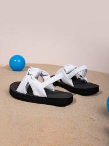 Sandal Jepit Bayi dengan Tali Elastis, Kain Warna Polos dengan Desain Pita, Cocok untuk Pemakaian Sehari-hari Anak, Sandal Dalam/Luar Ruangan yang Tebal, Lembut, Anti Selip, dan Nyaman - Putih - View 5