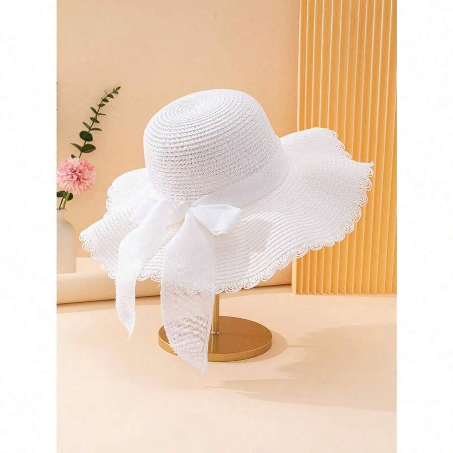 1 Piece Women's White Wavy Edge Bowknot Beach Sun Hat, Elegant Sunscreen Hat For Vacation & Travel, Summer Breathable Large Brim Sun Hat For Seaside Outings, Fashionable All-Match Holiday Casual Hat - 白色 - 查看 1