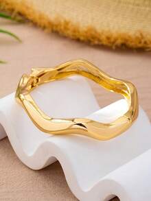 3pcs/Set Minimalist Gold-Tone Asymmetrical Water Drop Thick Textured Bangle Bracelet Set, Suitable For Women, Chunky Smooth Matte Heavy Metal & Zinc Alloy Material - Yellow Gold - View 9