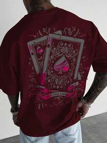 Manfinity Roughcore Men's Casual Short Sleeve Crew Neck T-Shirt With Creative And Versatile Playing Card Graphic Design - Red - View 1