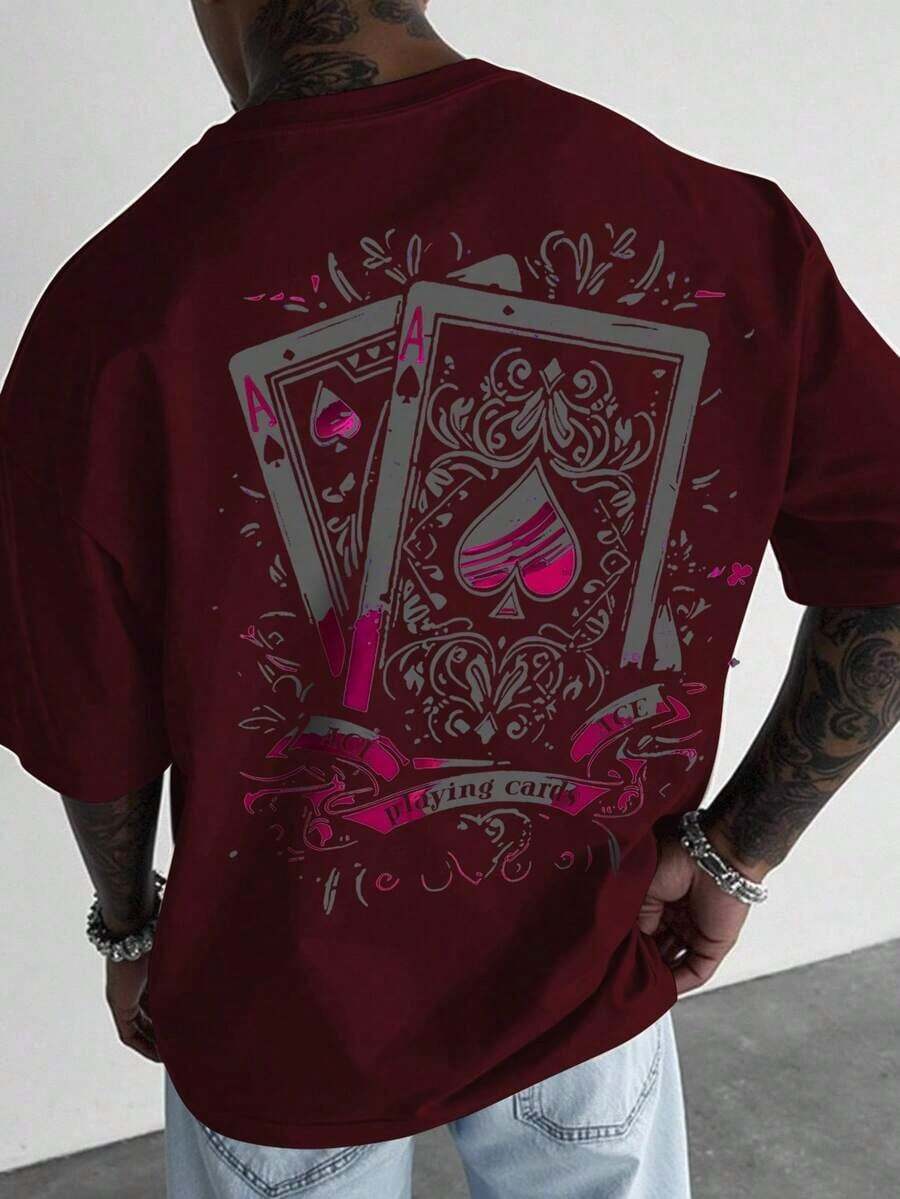 Manfinity Roughcore Men's Casual Short Sleeve Crew Neck T-Shirt With Creative And Versatile Playing Card Graphic Design - Red - View 1