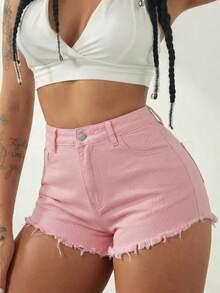 Y2K Style Women's Cute Distressed Design Elastic Denim Shorts With Pockets - Pink - View 1