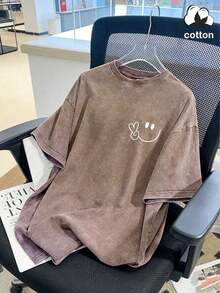 Vintage Washed Cotton Loose-Fit T-Hirt, Cute  Face And Heart Print, Women's Casual Treet Tyle Hort-Leeve Top, Wrinkle-Resistant Washed Cotton T-Hirt Vintage Tyle - màu nâu - Xem 1