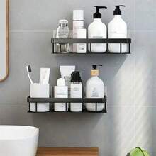 1/2pcs Plastic Wall-Mounted Bathroom Shelves, Punch-Free Shower Organizer, Rust-Proof & Easy Drainage Storage Rack For Shampoo, Conditioner & Bathroom Essentials, Black - Multicolor - View 7