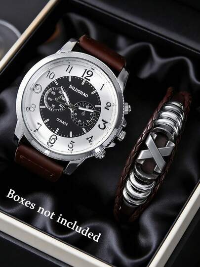 Bộ 2 món đồng hồ thạch anh kim tròn thời trang nam và vòng tay casual, thích hợp làm quà tặng cho sinh viên trở lại trường, phù hợp để đeo hàng ngày hoặc làm quà sinh nhật.