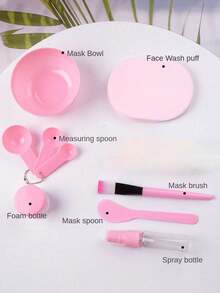 9pcs/Set Face Mask Bowl Kit, DIY Beauty Tools With Silicone Mask Spoon & Spray Bottle - Pink - View 2