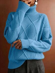 Women's Casual Plus Size Turtleneck Sweater, Autumn/Winter - Baby Blue - View 1