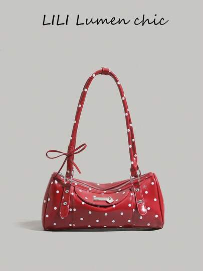 Women's Red Polka Dot Glossy Patent PU Leather Shoulder Bag, Retro Bow Decor Cylinder Boston Handbag, Casual Purse Perfect For Valentine's Day, Dating, Daily Commute, School & Casual Outings, Ideal For Students, Office Ladies & Girls