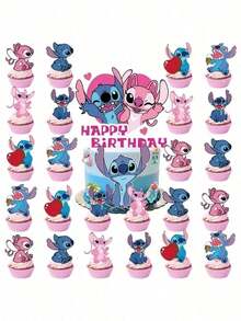 Disney 25 piezas de decoraciones para pasteles en forma de corazón con diseño de Stitch, decoraciones para pasteles para manualidades, fiestas de cumpleaños en casa - Multicolor - Ver 7