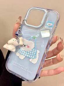 可爱卡通格子小狗吊坠波浪果冻手机壳，适用于 17 Pro Max 17 Pro 17 Air 16 17 Pro Max 15 Plus 14 Pro 13 12 11，可爱后盖 - 藍色 - 查看 2