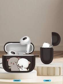 Cute Couple Cat Pattern Earphone Protective Case, Matte Finish Anti-Drop Earphone Cover, Compatible With AirPods 2/3/4/Pro/Pro2/Pro3, Great Gift For Friends Birthday And Holidays - Black - View 4