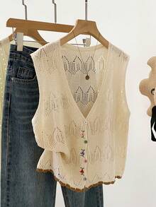 Áo khoác cardigan không tay cổ chữ V thêu họa tiết, màu trơn, có khuy rỗng, kiểu dáng nghỉ dưỡng. - Màu be - Xem 3