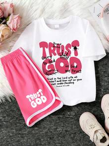 Tween Girl Casual Letter Slogan Print Design Crew Neck T-Shirt+Shorts New Summer Daily Comfortable Girls' Set - Multicolor - View 2