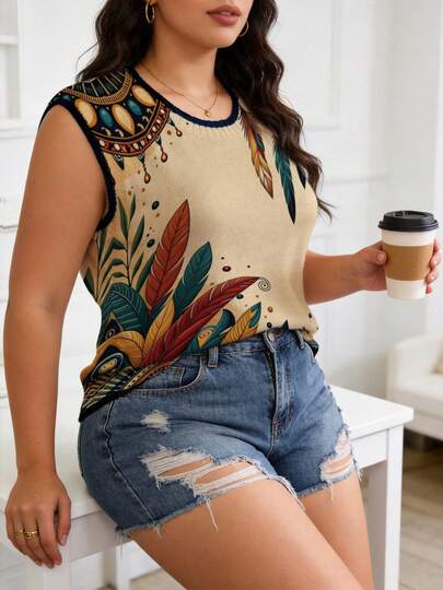 ASHKATIA 大码女式针织上衣，修身无袖毛衣，捕梦网和羽毛印花，适合夏季海滩和居家穿着