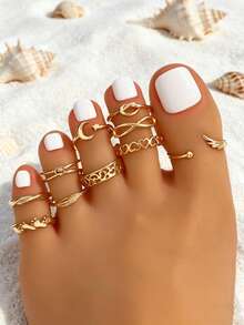 10pcs Bohemian Beach Vacation Metal Openwork Geometric Line Heart Hollow Carved Toe Rings Set - Gold - View 6