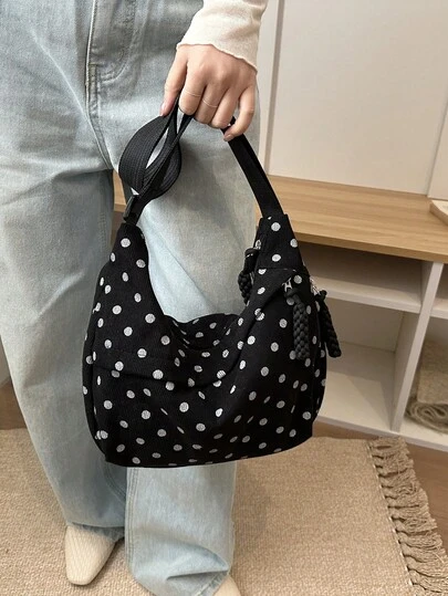 Túi xách hình bán nguyệt kiểu Hàn Quốc bằng nylon chấm bi phối màu tương phản, thanh lịch và tươi mới, túi đeo chéo cỡ lớn tiện dụng cho nữ.