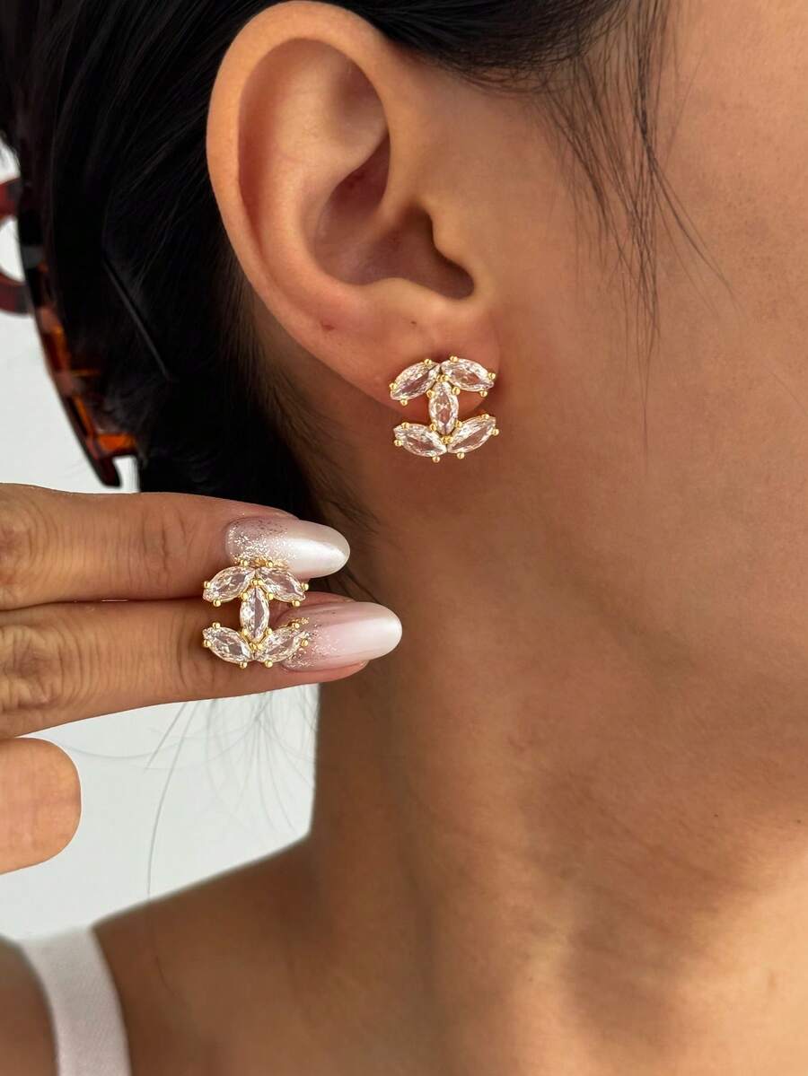 金色字母耳环，时尚优雅简约奢华高端，铜镶嵌立方氧化锆吊坠耳环，适合女性日常佩戴 - 金色 - 查看 1