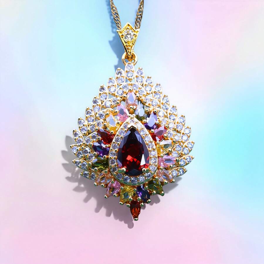 1pc Elegant Pendant Necklace, Birthday Jewelry, Colorful Stone, Wedding Gift, Daily Wear, Party Accessory