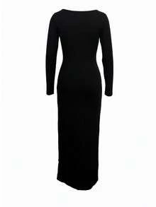 女士修身长袖针织连衣裙，黑色弹力哥特式长裙 - 黑色 - 查看 4