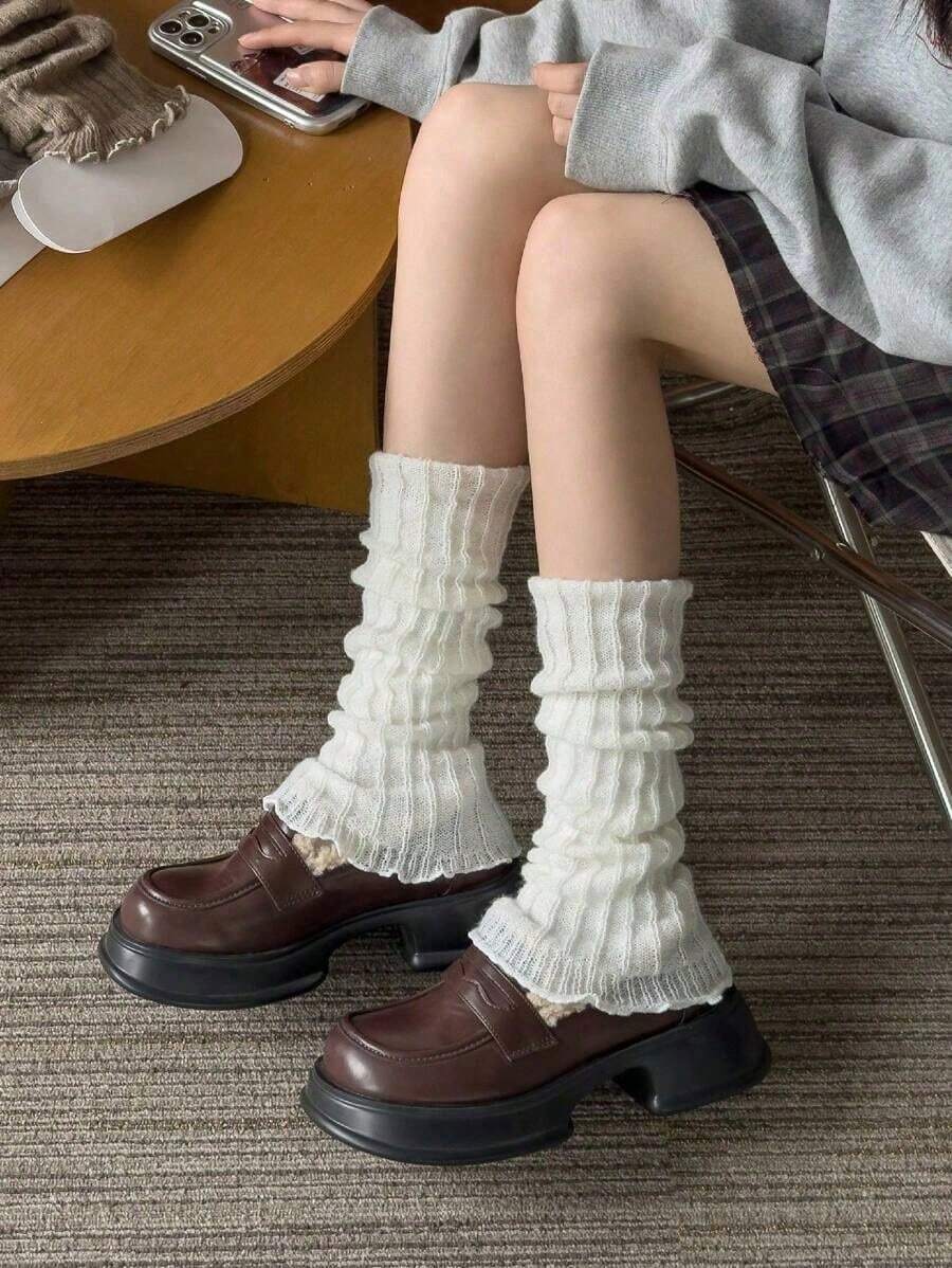 1 Pair Of Solid Color Leg Covers, Winter Warm Leg Warmers.Y2k Leg Brace, Cozy - White - View 1