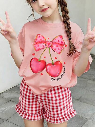 2pcs/Set Girls' Bow & Cherry Print Top And Plaid Shorts (Random Cut) Set, Soft Short Sleeve T-Shirt Outfit, Suitable For Spring/Summer Daily Wear, Back To School, Summer Outings, Travel, Outdoor