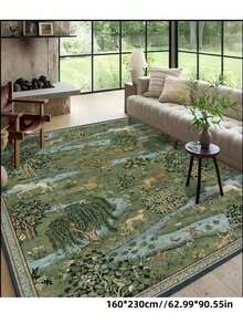 1pc Plush Luxurious Soft Green Hand-Painted Plant Modern Style Area Rug, Non-Slip Washable, Velvet Surface, Perfect For Living Room, Bedroom, Hallway - Elegant Garden Design, Baroque Pattern Indoor Mat | Non-Slip Backing, Living Room Carpet - Cadet Blue - View 9