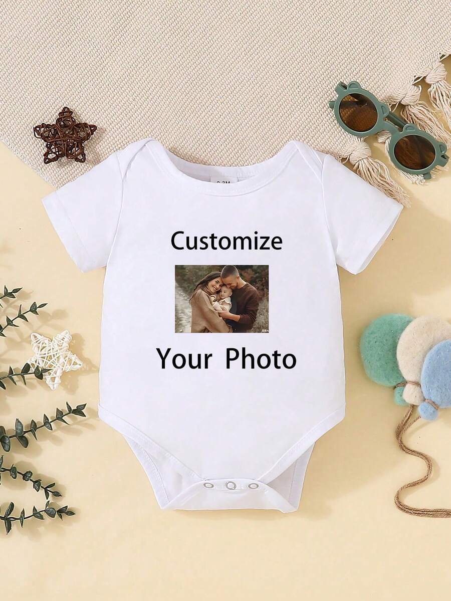 [Custom] Newborn Short Sleeve Romper, Support Customized Personalized Name And Photo, Knitted Fabric, Easy Care, Suitable For New Parents - White - View 1
