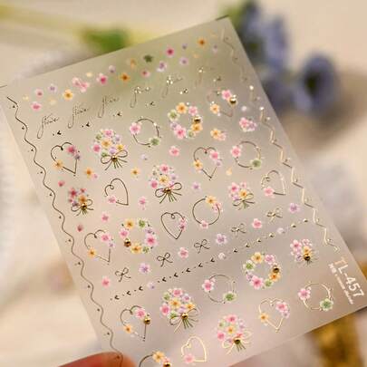 1 pieza Pegatinas de arte de uñas con ramo de flores de color dopamina, estampado dorado de corazón y lazo, guirnalda de flor de pervinca romántica, decoraciones de manicura 5D