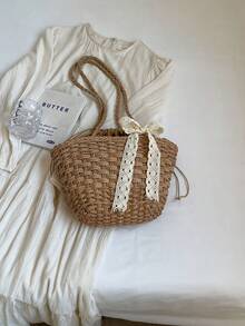 Túi cói màu be thắt nơ ren, dây rút, thích hợp cho học sinh, đi biển, chụp ảnh, phong cách đồng quê, đi làm mùa hè, dã ngoại. - Màu Khaki - Xem 10