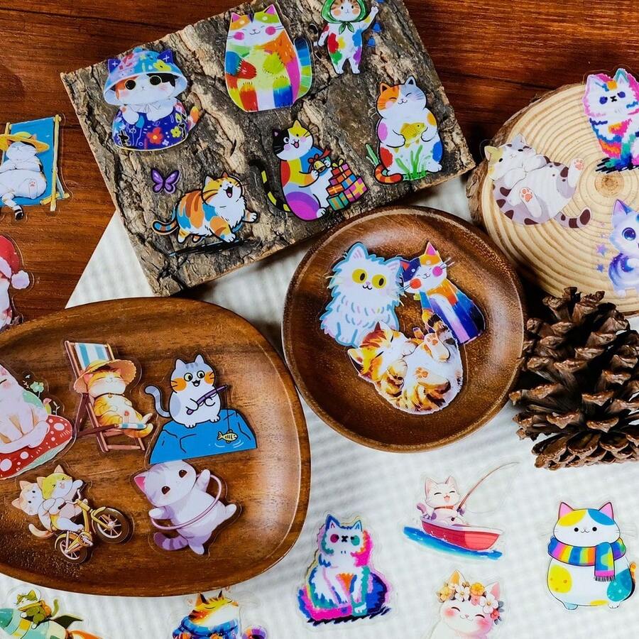 New Version Cute Colorful Cat Transparent PET Stickers (56 Pieces) - DIY Versatile Cat Decorative Stickers For Journal Embellishment & Laptops - 56PCS - View 1