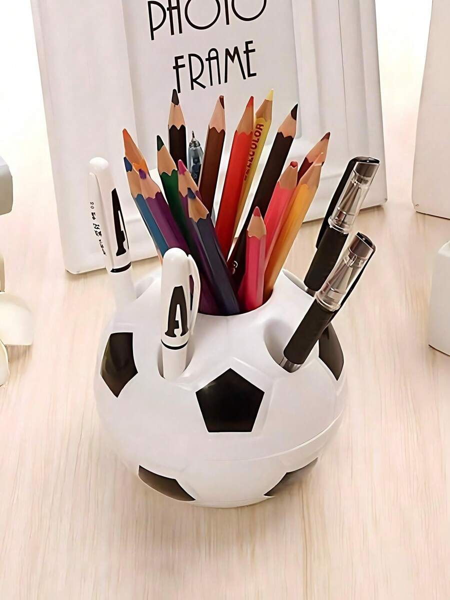 1 pieza Soporte para bolígrafo/lápiz con forma de balón de fútbol, Soporte para cepillo de dientes con forma de balón de fútbol, Organizador de escritorio, Decoración del hogar, Regalo para estudiantes, Útiles escolares - Multicolor - Ver 1